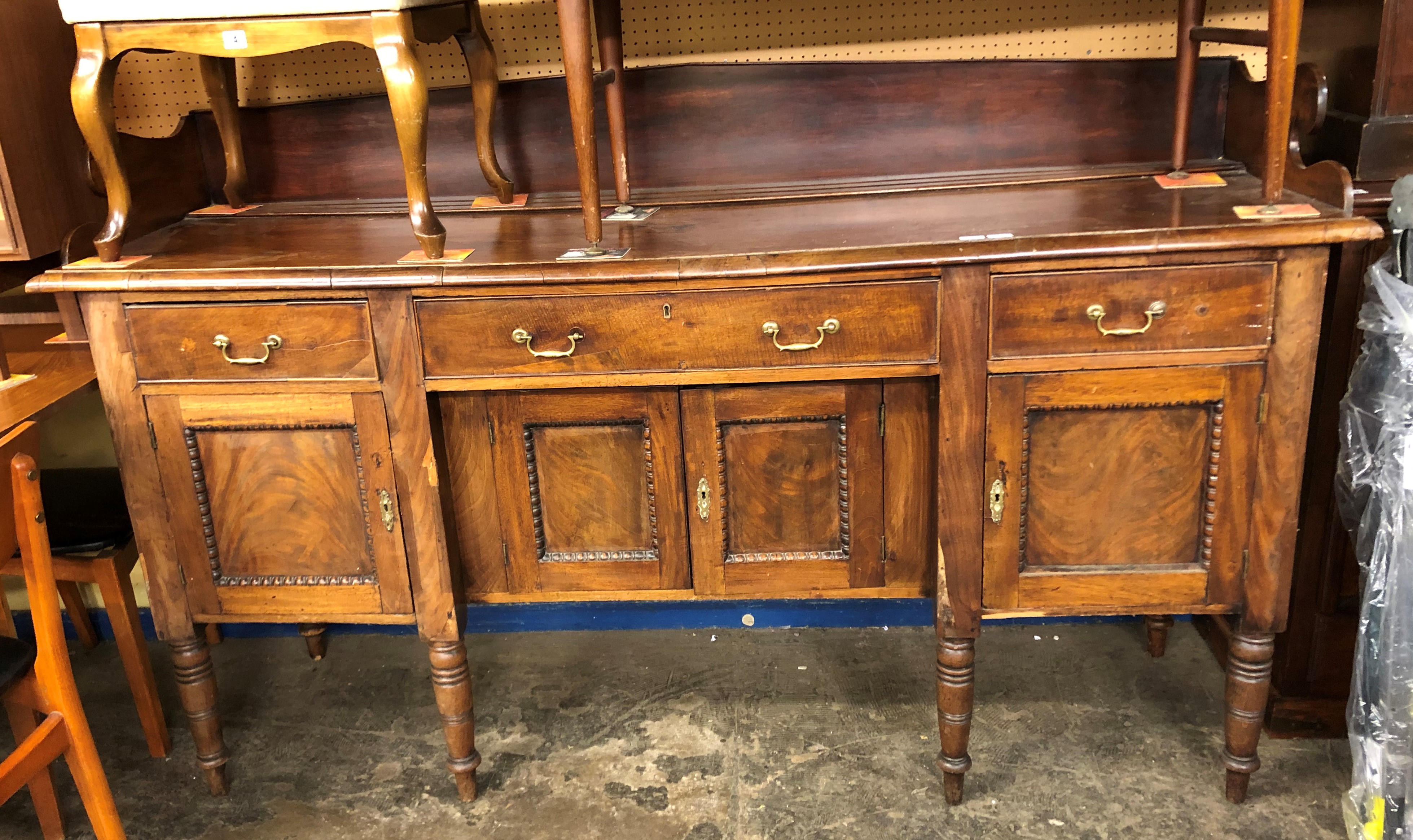 19TH CENTURY IRISH MAHOGANY GALLERY BACKED SIDEBOARD (HEIGHT= 107CM, DEPTH= 57CM, WIDTH= 183CM)