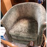 GREEN VELOUR 1930S TUB ARMCHAIR AND A BEECH LEATHER EMBOSSED WILLIAM BROOKS FURNITURE,