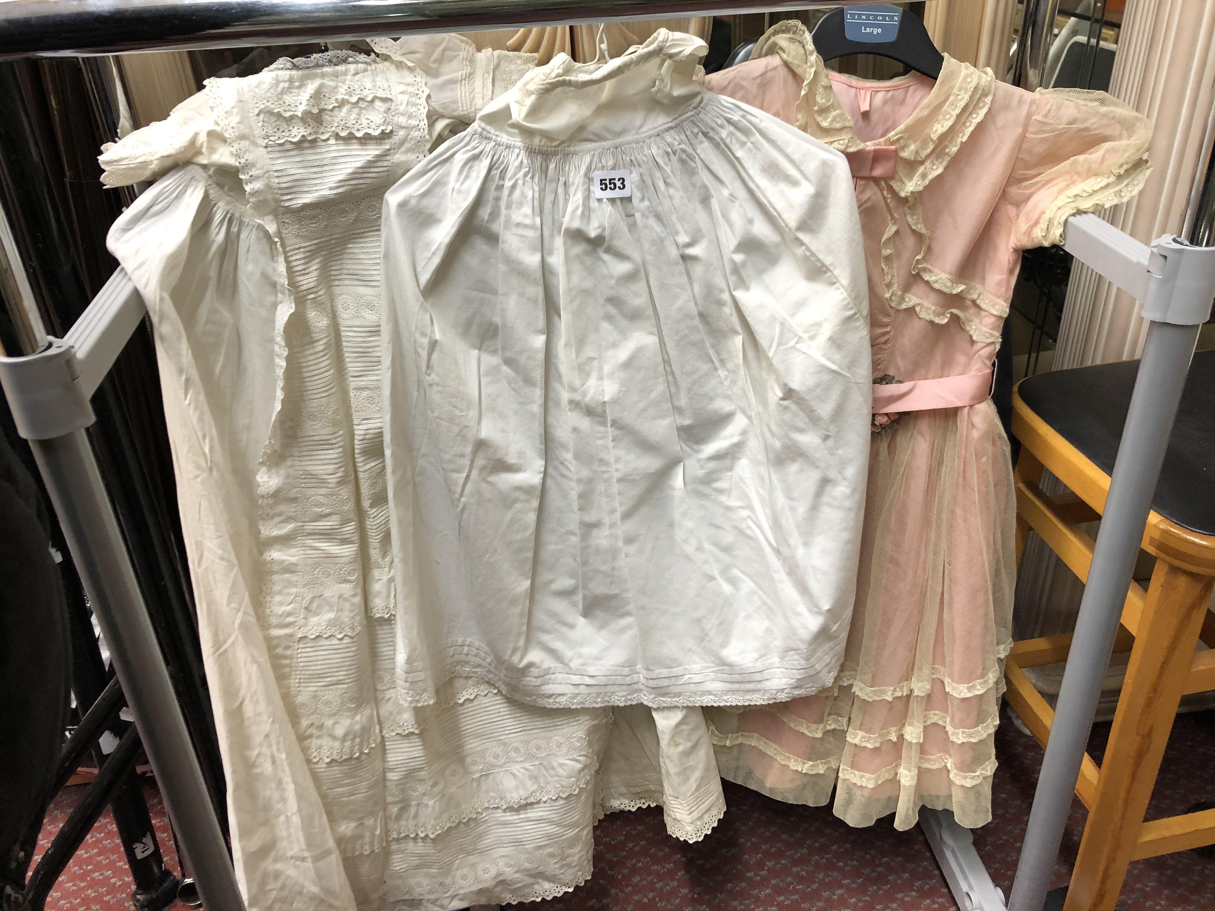 TWO EARLY 20TH CENTURY COTTON CHRISTENING TYPE GOWNS AND A DRESS