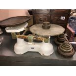 ENAMEL KITCHEN SCALES AND TWO SETS OF WEIGHTS