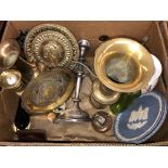 BOX CONTAINING EASTERN BRASS ENGRAVED VASES, PLATES, PAIR OF KNOPPED CANDLESTICKS, WEDGWOOD PLATES,