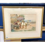 A. HASSELGREY WATERCOLOUR - SHIRE HORSES AT WATER BEFORE AN INN.