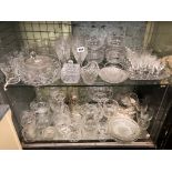 TWO SHELVES OF CUT GLASSWARES - SUNDAE DISHES, ETCHED LIQUEUR GLASSES, COCKTAIL GLASSES, WATER JUG,