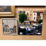 NEEDLEPOINT PICTURE PANEL OF A HARBOUR 30 X 30CM APPROX AND A CERAMIC TILE OF VENICE 17 X 19CM