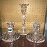 PAIR OF WATERFORD CRYSTAL CANDLEHOLDERS AND A SINGLE WATERFORD KNOPPED CANDLESTICK