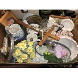 BOX CONTAINING FLORAL CENTREPIECE, CASH'S WOVEN SILKS, GLASS BASKET,