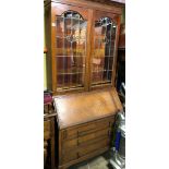 EDWARDAN MAHOGANY LEAD STAINED GLAZED BUREAU BOOKCASE