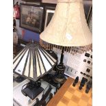 BLACK AND GILT SPLASHED METAL TABLE LAMP AND A TIFFANY INSPIRED ART DECO INSPIRED TABLE LAMP