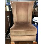 CARAMEL UPHOLSTERED ART DECO HIGH WING BACK CHAIR