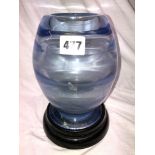 HEAVY BLUE OVOID GLASS VASE ON STAND