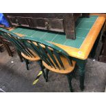 GREEN TILE TOPPED OBLONG KITCHEN TABLE AND FOUR HOOP BACK CHAIRS