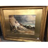 DAVID MACLISE WATERCOLOUR HEIGHTENED IN GOUACHE OF A FEMALE RECLINING BY ROCKS ON A BEACH F/G 53 X