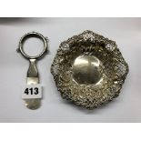 SILVER FILIGREE BONBON BASKET AND SILVER AND MOTHER OF PEARL HANDLED RATTLE HANDLE