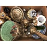 BOX CONTAINING EASTERN BRASS ENGRAVED VASES, PLATES, PAIR OF KNOPPED CANDLESTICKS, WEDGWOOD PLATES,