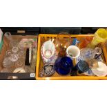 CRATE OF BRISTOL BLUE GLASSWARE, CYLINDRICAL VASE, CUT GLASS TABLE SALTS, CARLTONWARE DISH,