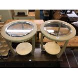 PAIR OF CONTEMPORARY LIGHT OAK GLASS TOPPED LAMP TABLES