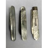 TWO SILVER BLADED AND MOTHER OF PEARL POCKET KNIVES AND ONE OTHER OF PEARL BACKED STAINLESS STEEL