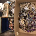 LARGE BOX OF COSTUME JEWELLERY, VARIOUS BEADS, BROOCHES,