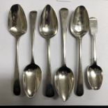 FIVE LONDON SILVER SPOONS ENGRAVED 'R' AND ONE SMALLER SPOON 5.