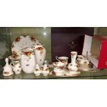 COMPLETE SHELF OF ROYAL ALBERT, OLD COUNTRY ROSE WALL CLOCK, VASES, CRUET SET, SAUCERS,