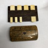 WOODEN SNUFF BOX AND HARDWOOD AND BONE MARKER BOARD