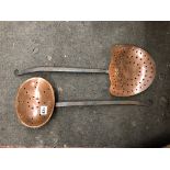 ANTIQUE COPPER SKIMMER AND HORSE CHESTNUT ROASTER