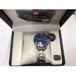 BOXED SWISS BALANCE BLUE BEZEL WRIST WATCH