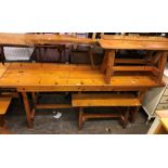 NARROW PINE BENCH TABLE AND FOUR BENCHES