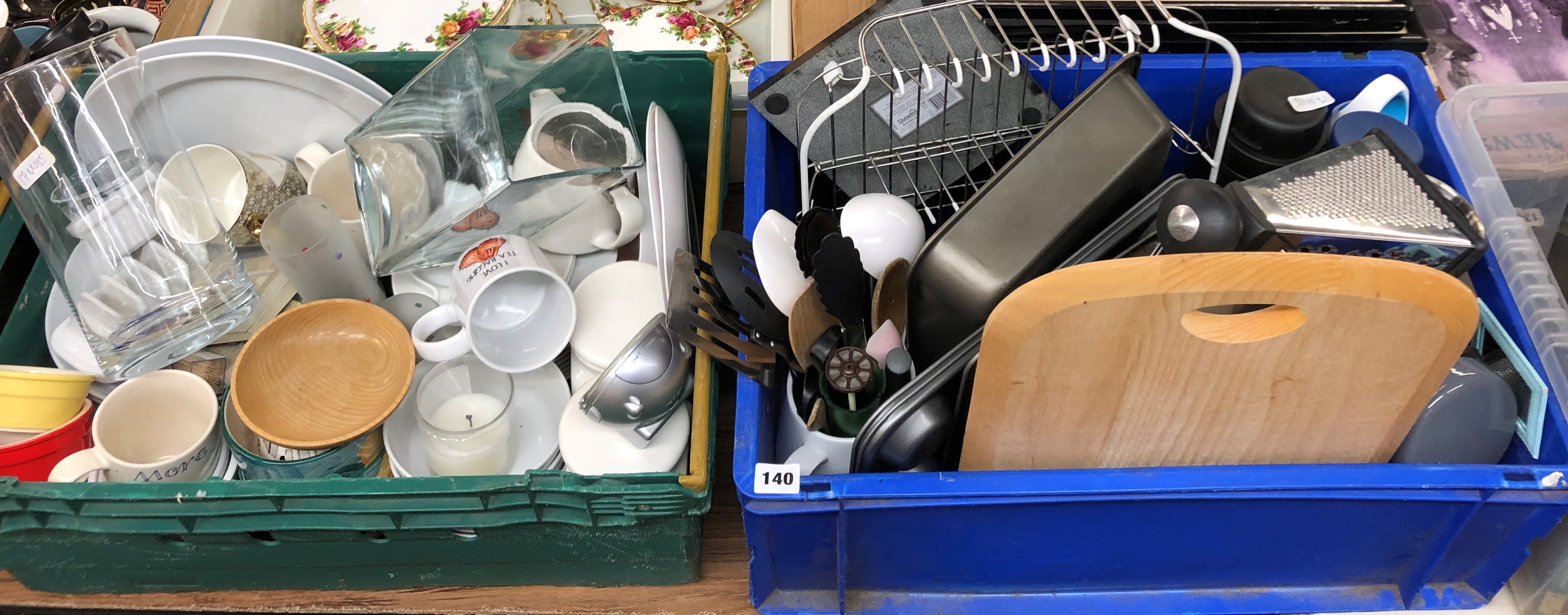 TWO CRATES OF REALLY GOOD QUALITY BAKING TRAYS AND DISHES, THERMOS, CHEESE GRATER,