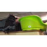 GREEN PLASTIC PET BASKET AND A WICKER HALF MOON CAT CARRY BASKET