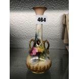 ROYAL WORCESTER GILDED TWIN HANDLED ROSE PAINTED SPILL VASE,