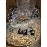 BOX OF MISCELLANEOUS BEAD JEWELLERY, PAVE SET HEAVY GAUGE BROOCHES,