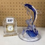 CRISTAL D'ARQUES BLUE TINGED LEAPING DOLPHIN AND WATERFORD QUARTZ MANTEL TIMEPIECE