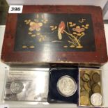 JAPANESE LACQUERED OBLONG BOX CONTAINING MAINLY PRE DECIMAL GB COINS