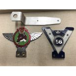 LEICESTERSHIRE CAR CLUB ENAMEL GRILLE BADGE AND A VM 56 CAR BADGE WITH FIXING BRACKET
