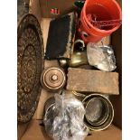 BOX OF MISCELLANEOUS BRASSWARE, CUTLERY AND A BOX OF MISCELLANEOUS CERAMICS, CLOCK,