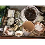 BOX OF BRIC-A-BRAC CONTAINING PLANTER, SMITHS CLOCK, EXTENSIVE TEASET,