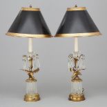 Pair of Austrian Cut Glass Mounted Ormolu Candlestick Lamps, mid 20th century, height 22.5 in — 57.2