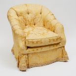 Yellow Silk Damask Upholstered Tub Chair, 20th century, 33 x 32 x 34 in — 83.8 x 81.3 x 86.4 cm