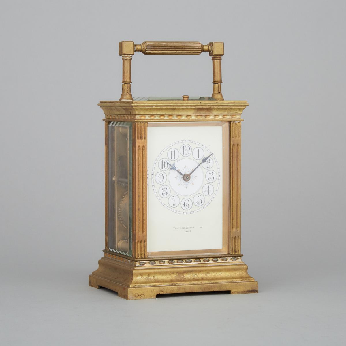 French Brass Repeating Carriage Clock, c.1900, handle up height 7.5 in — 19 cm