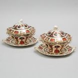 Pair of Royal Crown Derby 'Imari' (1128) Pattern Covered Sauce Tureens on Stands, 1979-80, stand wid