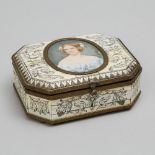 Continental Bone Veneered Dresser Box with Portrait Miniature, early 20th century, 2.4 x 5.6 x 4.5 i