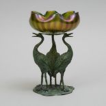 Austrian Patinated White Metal and Iridescent Glass Bowl on Emu Form Stand, c.1900, height 7.7 in —