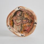 Ron Meyers (American, b.1934), Glazed Earthenware Dish with Violinist, c.2010, 11.8 x 12.2 in — 30 x