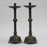 Pair of Tall Patinated Bronze Candlesticks, early 20th century, height 18.25 in — 46.4 cm