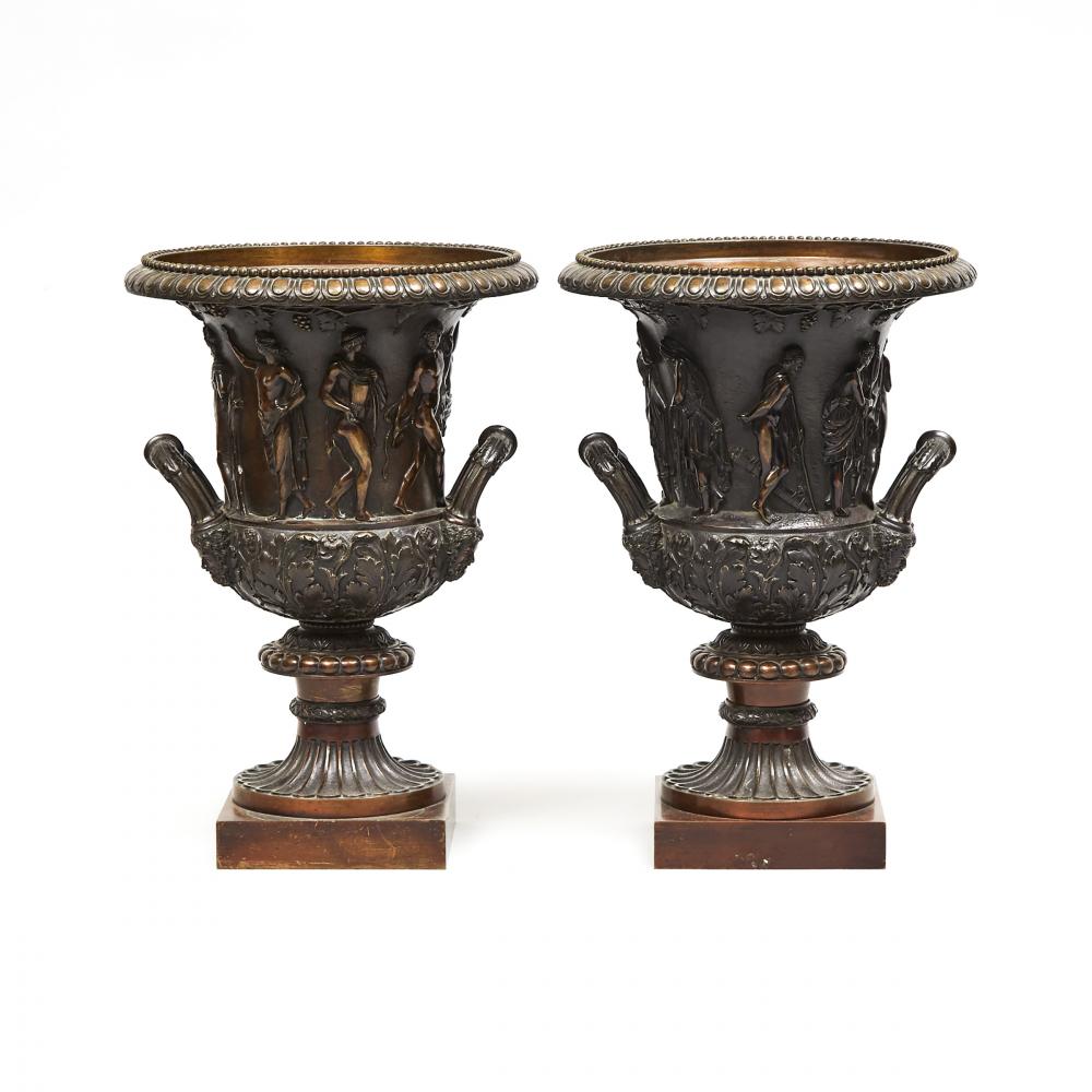 Pair of Italian Bronze Models of the Medici and Borghese Campana Vases, c.1900, height 13.6 in — 34.