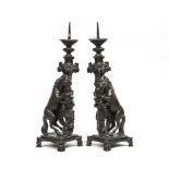 Pair of North Italian Renaissance Bronze Armourial Pricket Candlesticks, 16th or early 17th century,