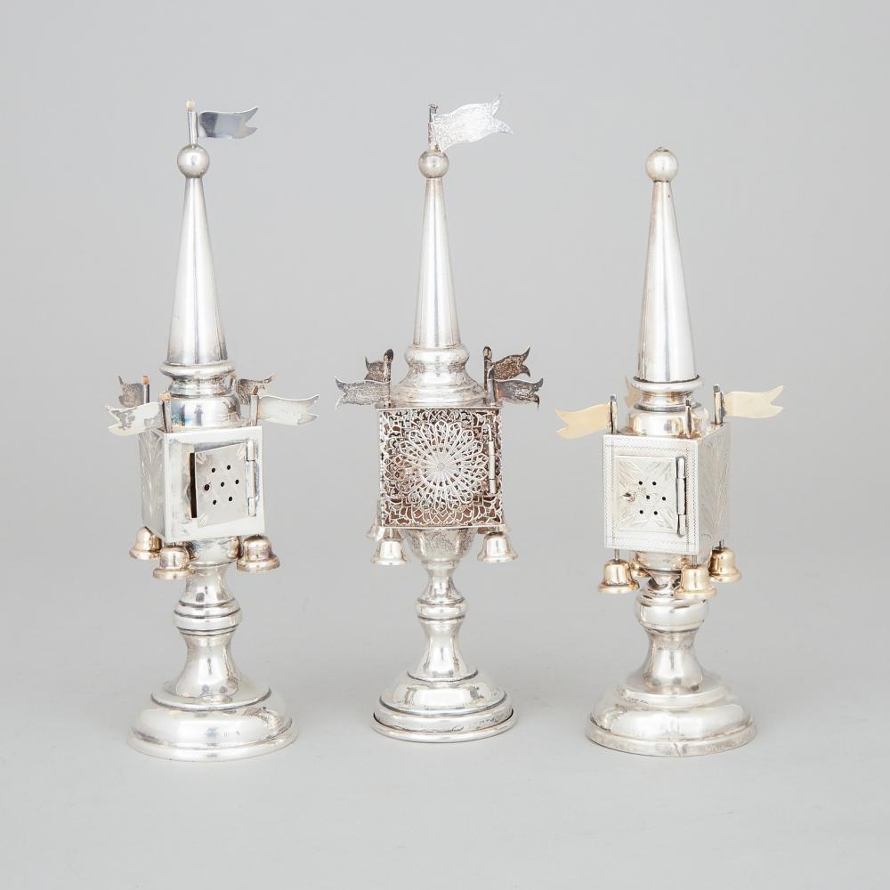 Three German and American Silver Spice Towers, 20th century, largest height 9.1 in — 23 cm (3 Pieces