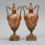Pair of French Ormolu Mounted Pink Marble Mantel Urns, c.1900, height 11.8 in — 30 cm