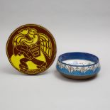 Royal Copenhagen Faience Bowl, Berte Jessen, and Stoneware Circular Plaque, Henry Heerup, c.1970, he